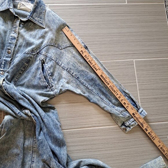 Vtg 80's Acid Stone Washed Women's Denim Maxi Dress Long Slv Button Med Western - Picture 10 of 12
